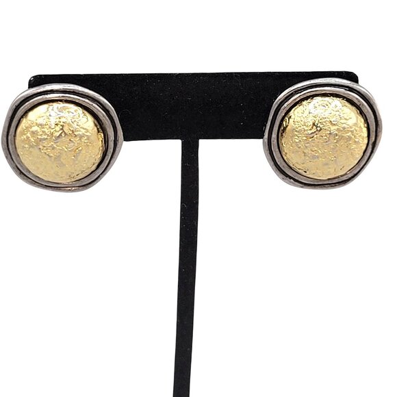 Liz Claiborne Two Tone Metal Button Earrings Domed Modernist Signed Vtg - Picture 2 of 6